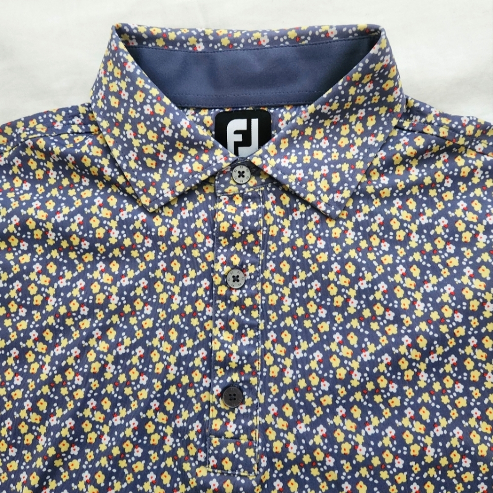 FOOTJOY Golf Polo Shirt. Men's Medium. Gray with Yellow Floral Pattern. LIKE NEW